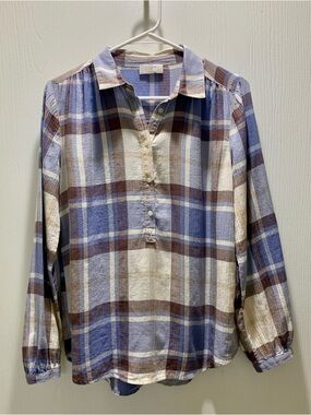 LOFT Blue, Brown, Cream Plaid Pullover Blouse